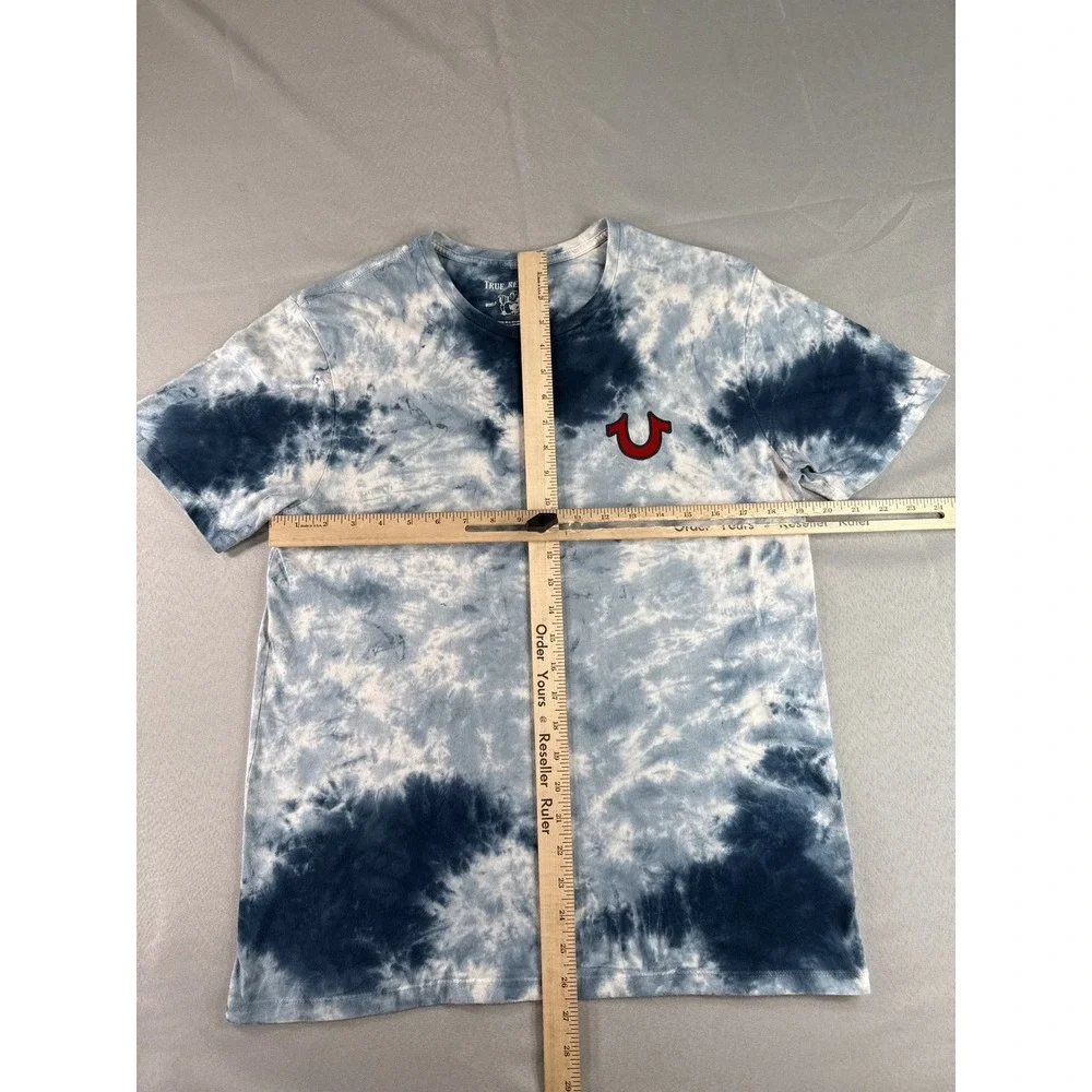True Religion Buddha World Tour Tie Dye T-Shirt Mens M Blue Crew Neck Horseshoe